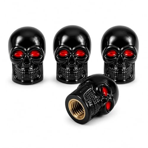 Totenkopf Skull Ventilkappen für Auto-Reifen, Schwarz, 4 Stück, Universal Ventilabdeckungen für PKW, SUV, Motorrad, Fahrrad, Schrader-Ventile (4X Schwarz Totenkopf)