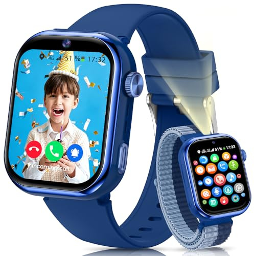 BANLVS Reloj Inteligente Niño, 4G Smartwatch Niño con GPS y Llamadas, Doble Cámara, Videollamada, SOS, Modo Escuela, Despertador, Linterna, IP68, Podómetro, Regalo Niñas y Niños Azul, 3 Años Garantía