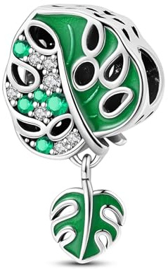 SBUTUXC Monstera Leaf Dangle Charm, S925 Sterling Silver, Green Enamel, Cubic Zirconia, for Bracelet, Necklace or Anklet