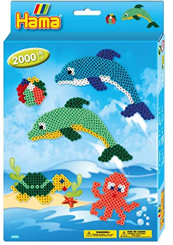 Hama Perlen 3435 Geschenk-Set Delfine mit ca. 2.000 bunten Midi Bügelperlen mit Durchmesser 5 mm, 2 Stiftplatten, inkl. Bügelpapier, kreativer Bastelspaß für Groß und Klein