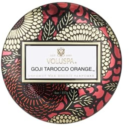 Voluspa Goji Tarocco Orange, Mini Tin Candle, 4 oz, 25 Hour Burn Time, Coconut Wax for Clean Burning, Handcrafted in the USA
