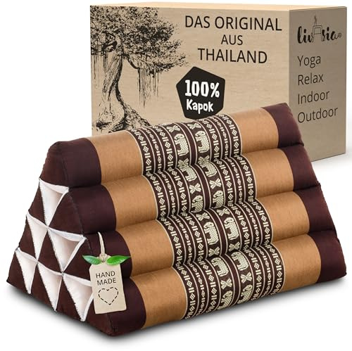 livasia Rückenstützkissen mit Muster - 30x50x30cm - Dreieckskissen für den Garten, Keilkissen mit Kapok, vegan und handgefertigt, Meditationskissen (Braun/Elefanten)
