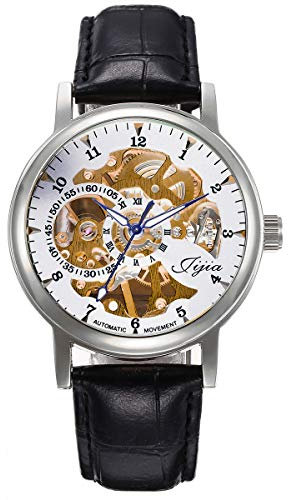 FENKOO Damen Totenkopfuhr Mechanischer Handaufzug Leder Band Armbanduhr Schwarz