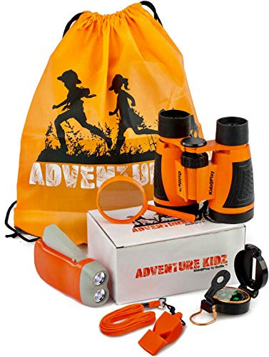 Adventure Kidz Outdoor Exploration Kit, Children’s Binoculars, Flashlight, Compass, Fox Whistle, Magnifying Glass, Backpack. Great Gift Set for Educational, Pretend Play, Ages 3+ Boys Girls (Orange)