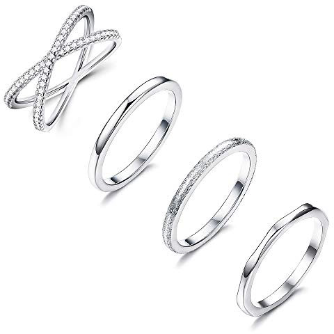 Milacolato 4PCS Acciaio Inossidabile Impilabile Anelli per Fedi Nuziali Donna CZ Criss Cross Anello Femminile Anelli per Fidanzamento Eternità Knuckle Metà Anello Set Argento/Rro Rosa Tono