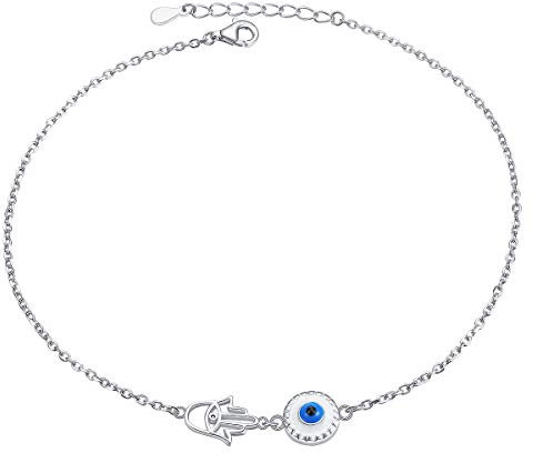 Flyow S925 Sterling Silver Evil Eye Hamsa Hand Butterfly Beaded Cross Charm Anklets for Women Girls, Adjustable 9 Inches +1 Inch Foot Chain Jewelry (Evil Eye Hamsa Hand)
