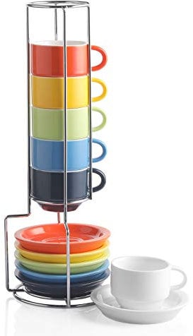 Sweejar Home Porcelain Espresso Cup & Saucer Set, Stackable Demitasse Cups with Metal Stand, 70 ml for Latte,Coffee,Cafe Mocha,Tea, Set of 6 (Multicolour)