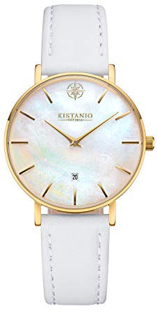 Kistanio Damenuhr Petit Goldfarben Edelstahl Saphirglas mit weißem Lederband GO-PM-L-WH