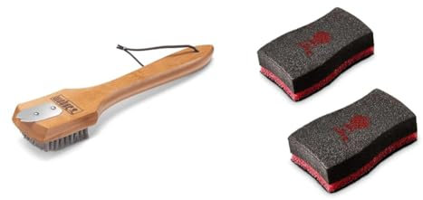 Brosse Weber avec Manche en Bois - Petit modèle & Éponges de Nettoyage - Résistantes de Lavage - Éponges à Récurer - Lot d'Éponges de Nettoyage - Accessoires Barbecue - Lot de 2 - Noir (17688)