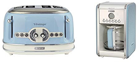 Ariete Vintage 156 Grille-pain 4 tranches, 6 niveaux de grillage, 1600 W, acier inoxydable, 4 fentes, bleu & Ariete 1342 Percolateur, Carafe en Verre Trempé Jusqu'à 12 Tasses, Bleu