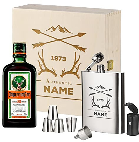 polar-effekt Kräuterschnapps Geschenkset - 3-Teilig - Deutsche Herstellung - Jägermeister Flasche - Flachmann aus Edelstahl - 4 Schnappsbecher - 1 Trichter - 1 Ledertasche - personalisiert