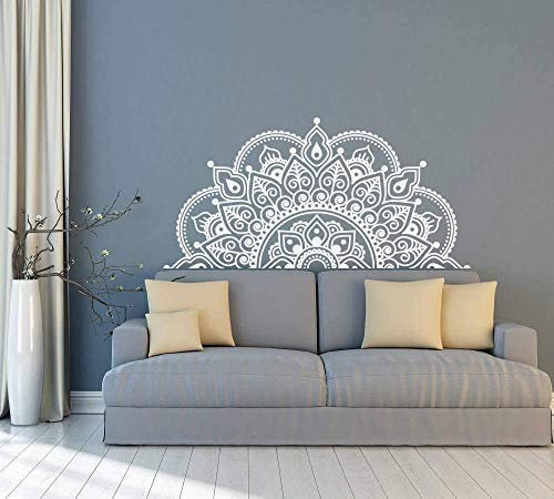 Vinyl Wandtattoo Halb Mandala Wandbild Yoga Liebhaber Geschenk Home Kopfteil Dekor Halb Mandala Design Auto Fenster Aufkleber-85X42Cm Weiß