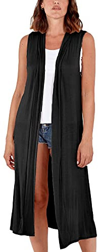 STAR FASHION Woman’s Open Front Sleeveless Maxi Long Length Boyfriend Cardigan Ladies Plain Blazer Waistcoat Floaty Top Duster Jacket UK 16-18 Black
