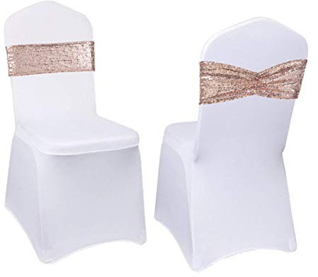 Eternal Beauty Set of 50 Sequin Chair Bands Bows Rose Gold Chair Sashes for Banquet Chair Wedding Party Decorations