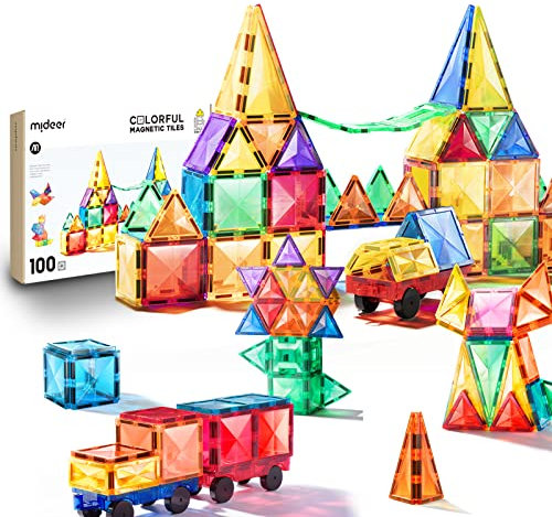 Mideer Magnetic Tiles for Kids, 100Pcs 3D Magnetic Building Blocks Tiles Set, Learning Educational STEM Toys Gifts for 3 4 5 6 7 Year Old Boys and Girls