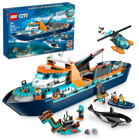 LEGO City Arctic Explorer Ship 60368 Bauspielzeug Set, lustiges Spielzeug Geschenk für 7-jährige Jungen und Mädchen, mit einem schwimmfähigen Boot, Hubschrauber, Schlauchboot, ROV Sub,