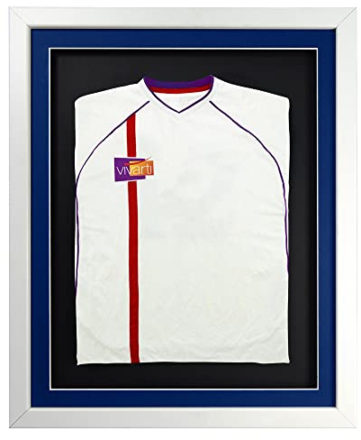 Vivarti DIY Infant 3D Mounted Sports Shirt Display Frame for Football Shirt, Rugby Shirt, Band T-Shirt Shadow Box - 40 x 50cm - White Frame, Blue Mount, Black Backing Card