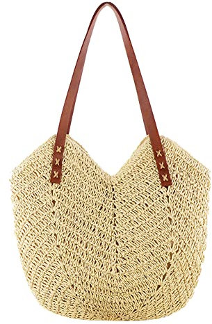 GSenhui Stroh Handtasche Damen, Korbtasche, Sommer Strandtasche Stroh Groß mit Reißverschluss, Handgemachte Strohtasche mit Leder Schultergurt, Gewebte Umhängetasche für Strand Reise Einkauf