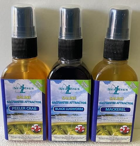 Sea Fishing PEELER CRAB - BLACK LUGWORM - MACKEREL - 3 x 50ml Natural Saline Bait Sprays