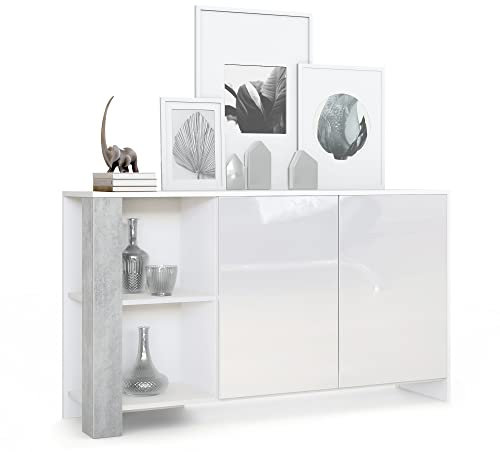 Vladon Sideboard Canto, Made in Germany, Lange Anrichte mit 2 Türen und 6 Fächern, Korpus Weiß matt, Fronten Weiß Hochglanz, Dekor-Paneele Beton Oxid Optik (143 x 81 x 36 cm)