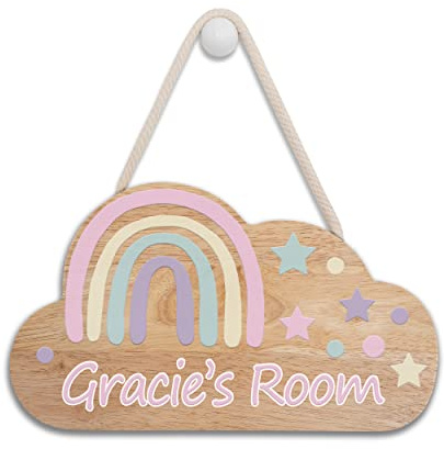 iCaseDesigner Personalised Wooden Childs, Baby, Toddler Bedroom Room Cloud Sign with Name - Rainbow Star Theme