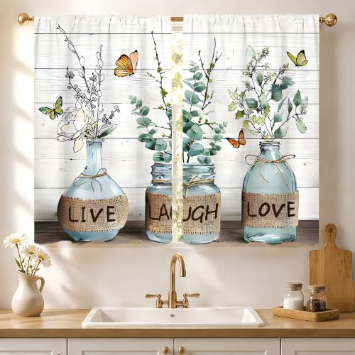 Famiffty Rideaux de Cuisine en Eucalyptus - 70 x 99 cm (l x L) - 2 Panneaux avec Passe-Tringle - Style Rustique botanique Vintage - Motif Feuilles Vertes - Bouteille de Plantes et Papillons -