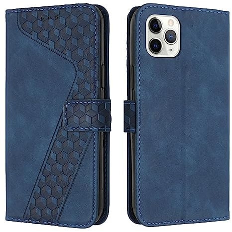 TOHULLE for iPhone 11 Pro Max Case, Premium PU Leather Wallet Case Card Holder Kickstand Magnetic Closure Plaid Pattern Embossed Design Shockproof Flip Folio Case Cover for iPhone 11 Pro Max - Blue