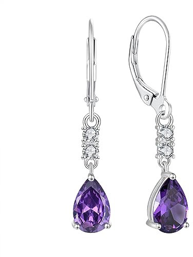 FJ Tropfen Hängend Ohrringe 925 Sterling Silber Amethyst Ohrringe Februar Geburtsstein Schmuck Geschenke für Damen Frauen Mutter Freundin Mama