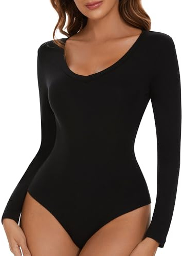 SHAPERIN Body Manica Lunga Donna Scollo a V Bodysuit Tops Elegante Long Sleeve Body Suits V Neck Women Sexy | Body a maniche lunghe con scollo a V, per autunno e inverno