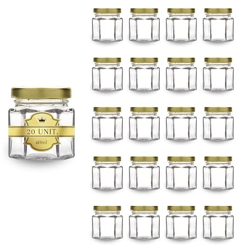20x Petit Pot de Miel Hexagonal avec Couvercle 60ml - Mini Bocaux, Idéal pour la Conservation de Miel, Confiture, Épices, Yaourt- Cadeau Invités Mariage, Faveurs de Mariage et Baby Shower