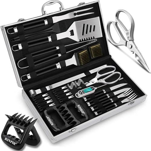 RINPIR Juego de 35 piezas de regalo de lujo para parrilla, para cumpleaños, día del padre, kit de accesorios de barbacoa de acero inoxidable para hombres y padres, utensilios profesionales para