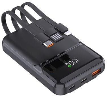 Power Bank 10000mAh PD 22,5W QC4.0 Charge Rapide Sorties USB C avec Câbles de Charge Rapide Intégrés Chargeur Portable Batterie Compatible avec iPhone Samsung Google Pixel LG (Noir)