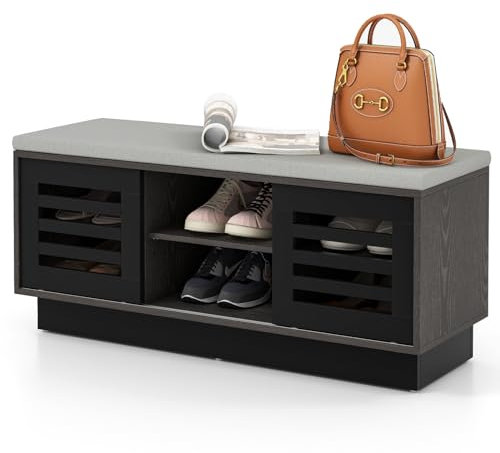 RELAX4LIFE Panca Scarpiera Legno con Cuscino, Panca Porta Scarpe con 6 Livelli e 3 Ripiani Regolabili, 2 Porte Scorrevoli, Risparmio di Spazio, Portascarpe per Ingresso, 99,5x34,5x46cm (Marrone)