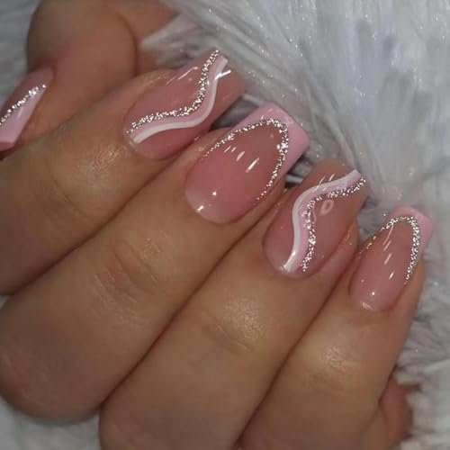24pcs Short Square False Nails French Tip Pink Edge Stick-on Silver White Glitter Press-on Removable Glue-on Full Cover Fake Nails for Women Brides Nail Art Accessories