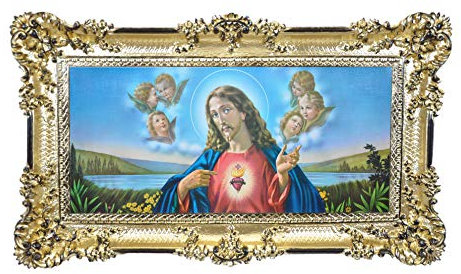 LIGUORO SHOP Quadro del Sacro Cuore di Gesù Riproduzione Stampata su Banner Telato con Cornice Barocca cm 96X56 (Oro/Nero)
