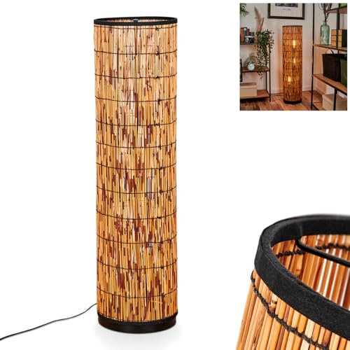 Stehleuchte Maili, moderne Stehlampe aus Metall/Rattan in Schwarz/Natur, Leuchte im Boho-Design mit Schirm in Gitter-Optik, An-/Ausschalter am Kabel und Lichteffekt, 3 x E27, ohne Leuchtmittel