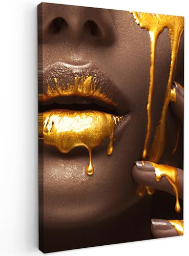 MuchoWow© Bild auf Leinwand 60x90 cm Schlafzimmer Bilder Badezimmer Wand Deko Wohnzimmer Modern Wanddeko Bilderwand Geschenk Frau - Gold - Farbe - Lippen - Porträt