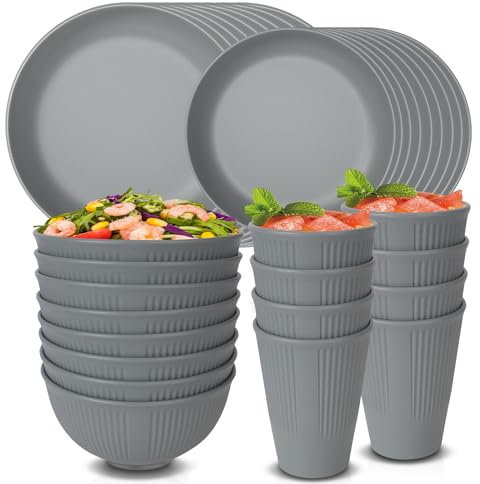 Juego de vajilla irrompible para 8 personas, juego de platos y tazones de plástico, juego de vajilla reutilizable, juego de cena para fiesta en casa, 16 platos, 8 tazones, 8 tazas