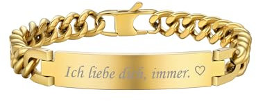 PROSTEEL Personalisiert Gravur ID Armband 18k vergoldet Identarmband Armkette 9mm breit Schildarmband Herren Partnerarmband Panzerkette Freundschaft Schmuck 23cm lang(gold)