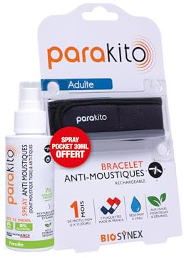 PARAKITO Bracelet Anti-Moustiques Rechargeable Adultes Noir + spray pocket 30ml offert