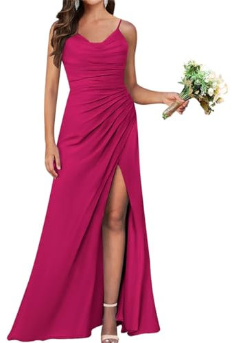 Vestidos de dama de honor de sirena para mujer, vestido largo de gasa formal, vestidos de noche con abertura, fucsia, 58 Más