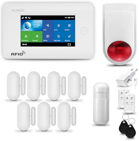 HUXGO® HXA006 Allarme casa senza fili WiFi + GSM con wireless Sirena | Kit allarme con 1x rilevatore di movimento, 7x sensori per porte e finestre, telecomando | Compatibile con TUYA