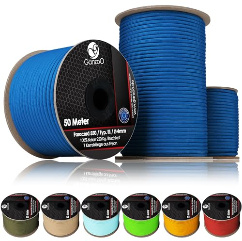 Ganzoo Paracorde 550 30 m, Corde d'exterieur 4 mm en Nylon 100%, Type III, 7 brins d'ame et Gaine 32 torons, pour Fixer abri, Tendre bache, DIY, poignee Couteau, Collier Laisse Chien, Blue