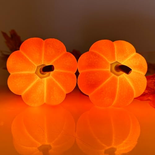 ACAREY 2 Stück Herbstdeko Kürbis Deko Figuren mit LED Licht, Herbst Deko Laterne Kürbis Deko Laterne, Halloween Deko Laterne Deko Kürbis Licht Für Tischdeko, Schlafzimmer Deko, Halloween Party