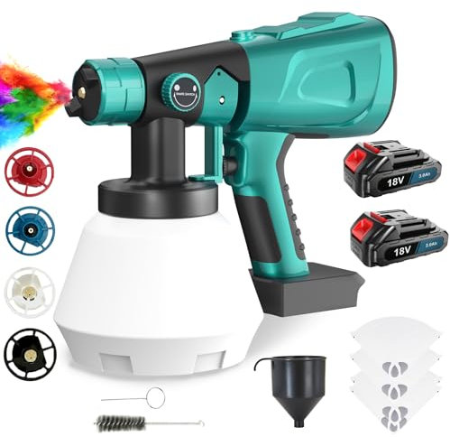 Akku Spritzpistole 18V, 1000ml farbsprühgerät, mit 4 Düsen(1mm/1,5mm/1,8mm/2,5mm), Elektro Lackierpistole zum Streichen von Wänden Gartenzaun (2 x 3,0AH Akku und Ladegerät)