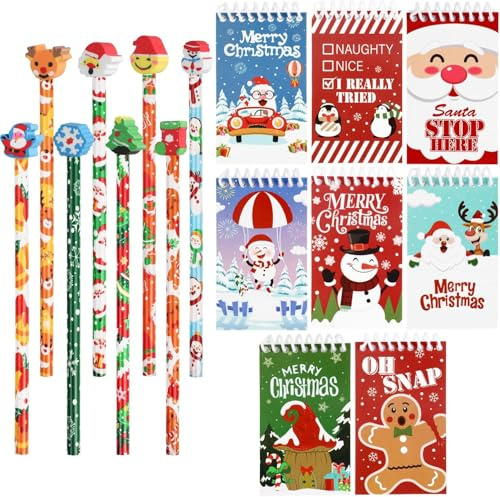 DERAYEE Weihnachts-Briefwaren-Set, Bleistift mit Radiergummi, 8 Stück, Spiralbuch für Weihnachten, 8 Stück, Party-Schreibwaren für Kinder, Weihnachts-Set, Kreativität