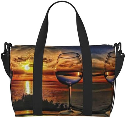 Grand sac de voyage pliable avec impression verre à vin coucher de soleil - Sac de sport pour femme, Noir , Taille unique