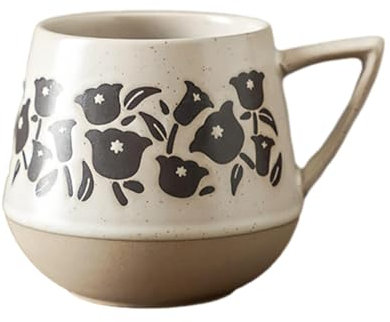 CAPIJIONG 280ml/9.5oz American Coarse Pottery Coffee Cup, Retro Personalized Plant Pattern Mug-Bell shaped circular clay cup