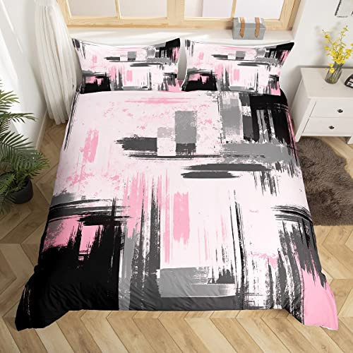 Homemissing Abstract Housse de Couette 220x240cm Modern Abstract Art Parure de Lit Rose Noir Literie Set Garçons décoration légère Vintage Ensemble de Literie avec 2 taie d'oreiller