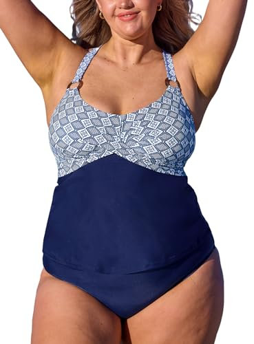 CUPSHE Damen Große Größen Tankini Set V Ausschnitt Wickeloptik Crossover Ringe Mid Waist Bauchweg Zweiteiliger Badeanzug Plus Size Curvy Bademode Swimsuit Marineblau 2X=XXL
